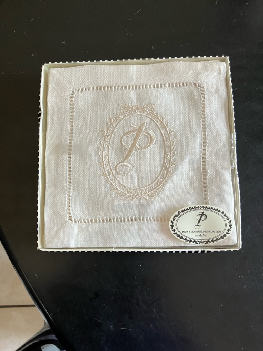 Mud Pie Cream Embroidered Monogram Cocktail Napkins